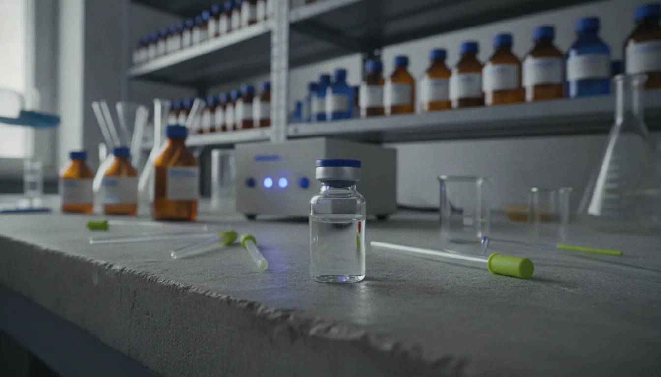 A vial of a drug compound on a lab bench with chemical reagents in the background.