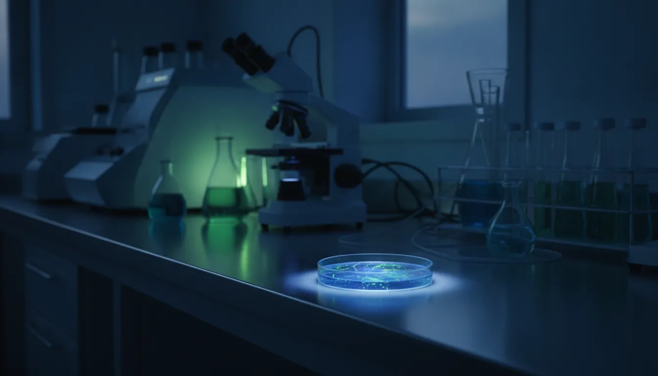 A biological data sample on a lab bench in a dimly lit research lab