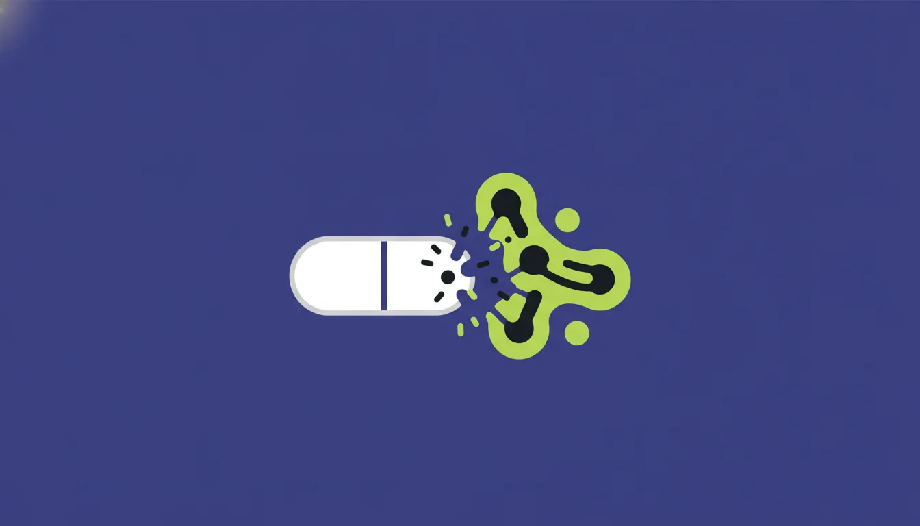 A minimalist illustration of a pill and bacteria in flat design.