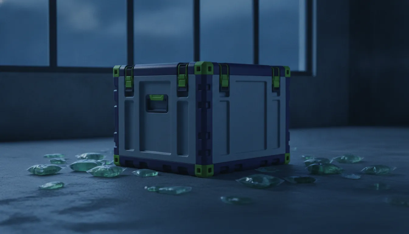 A Crēdo Vault shipper on a concrete floor with ice packs around it in a dimly lit warehouse.