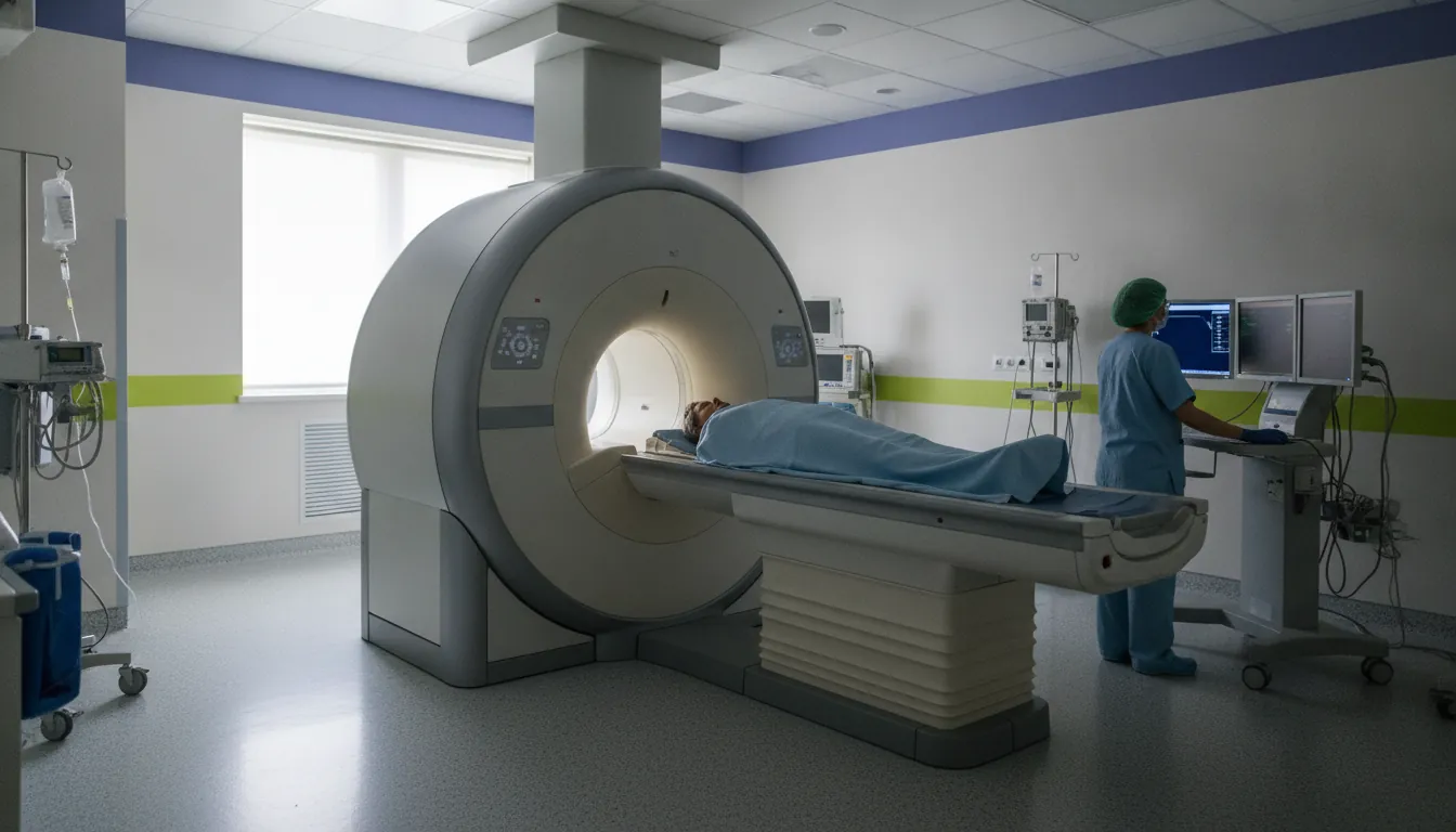 MRI machine in a hospital imaging room with a patient and radiologist