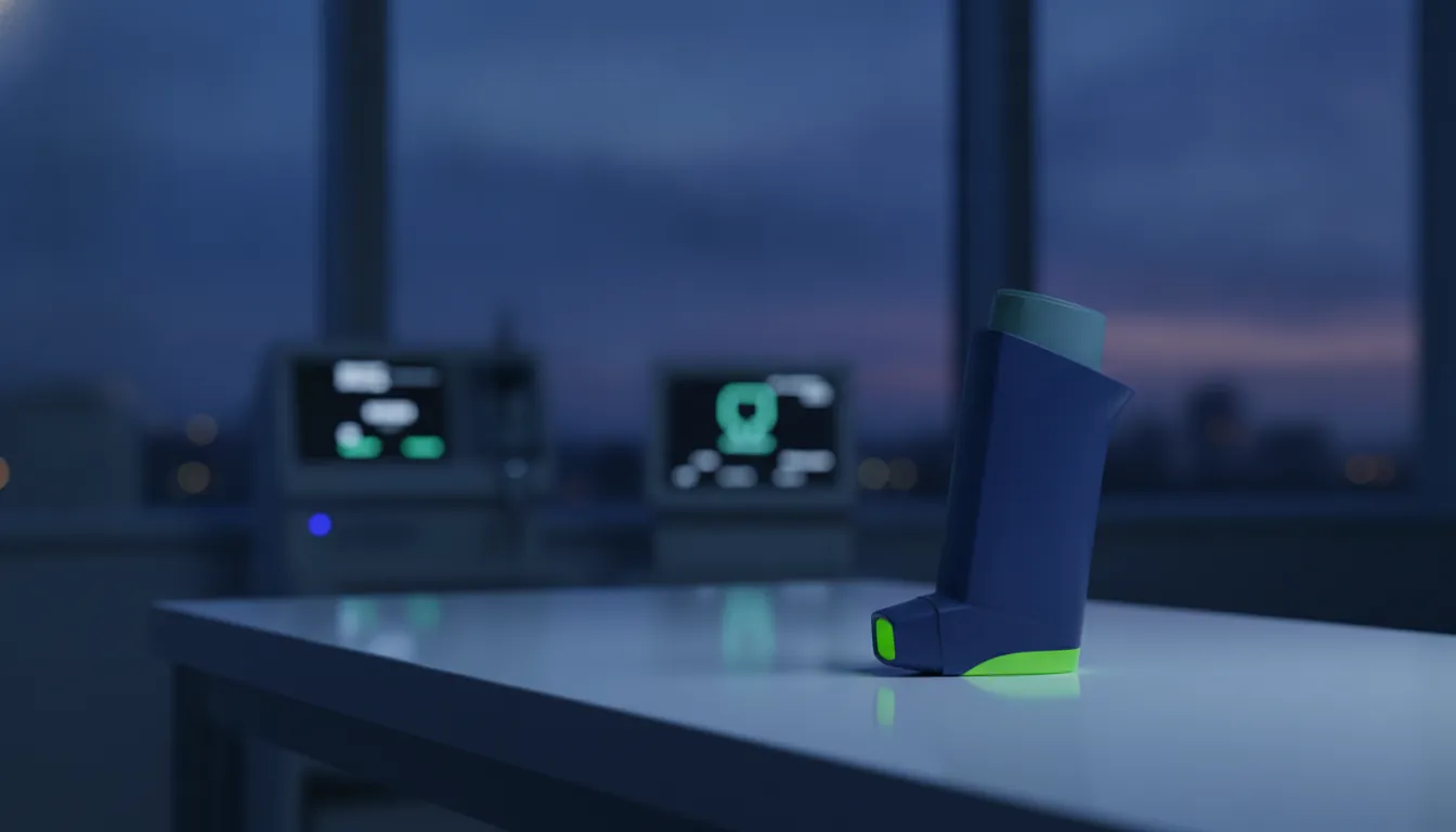 A smart inhaler on a clinical examination table in a dimly lit room.