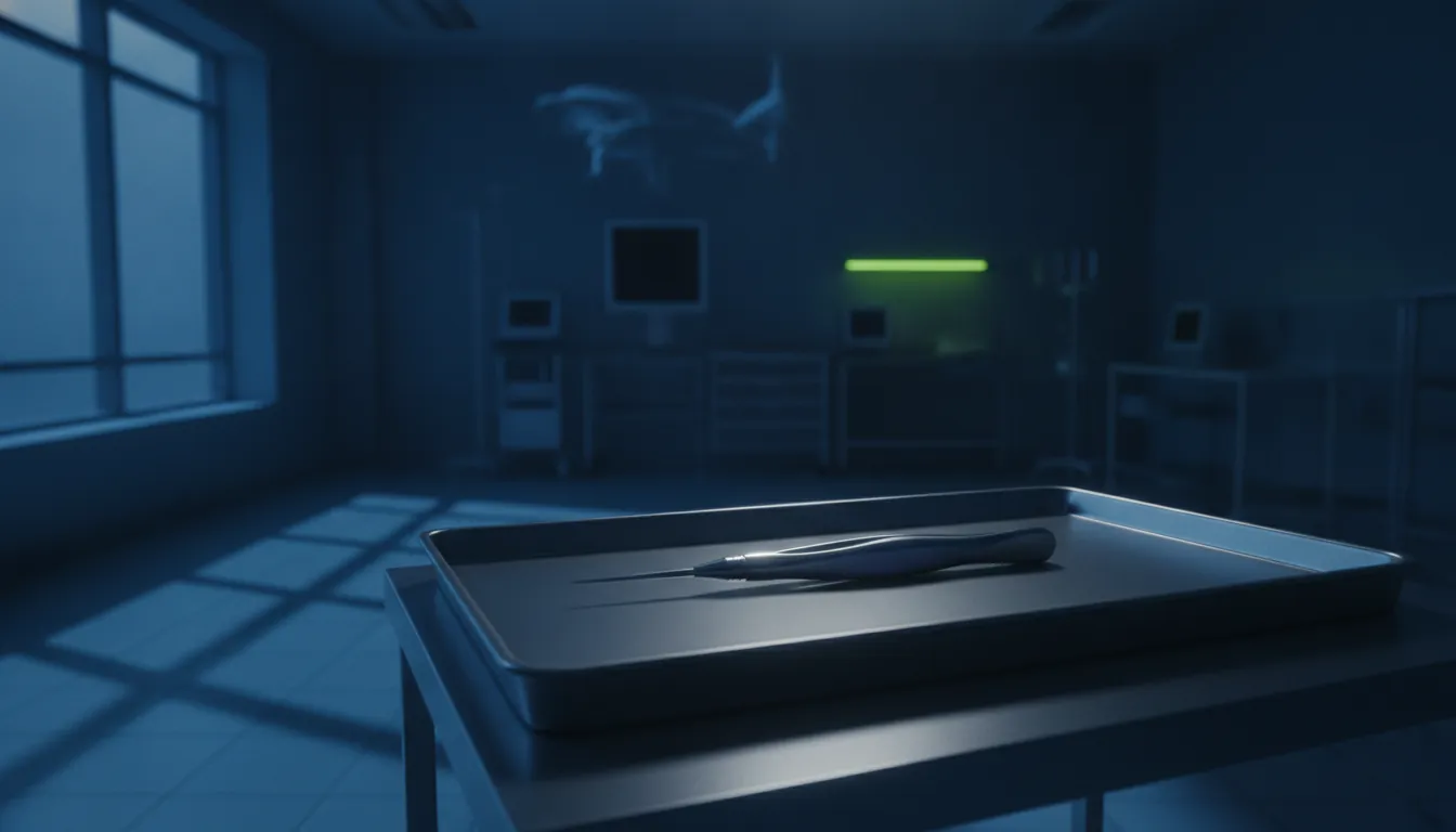 A surgical instrument on a tray in a dimly lit surgical room