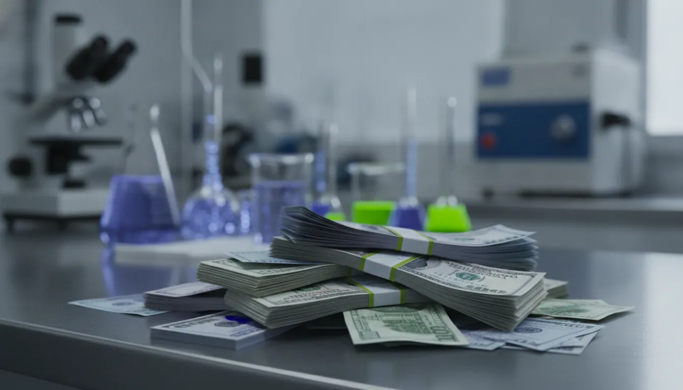 A stack of banknotes on a lab countertop with equipment in the background