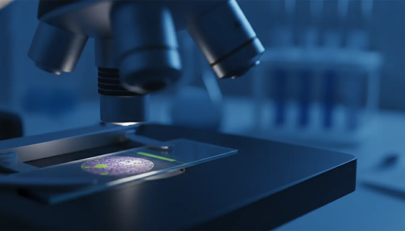 A tissue sample on a microscope slide in a dimly lit lab