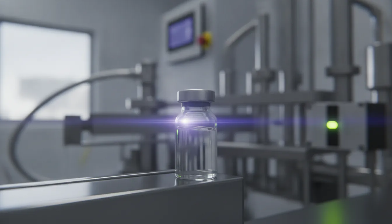 A vaccine vial on a filling station in a pharmaceutical setting.