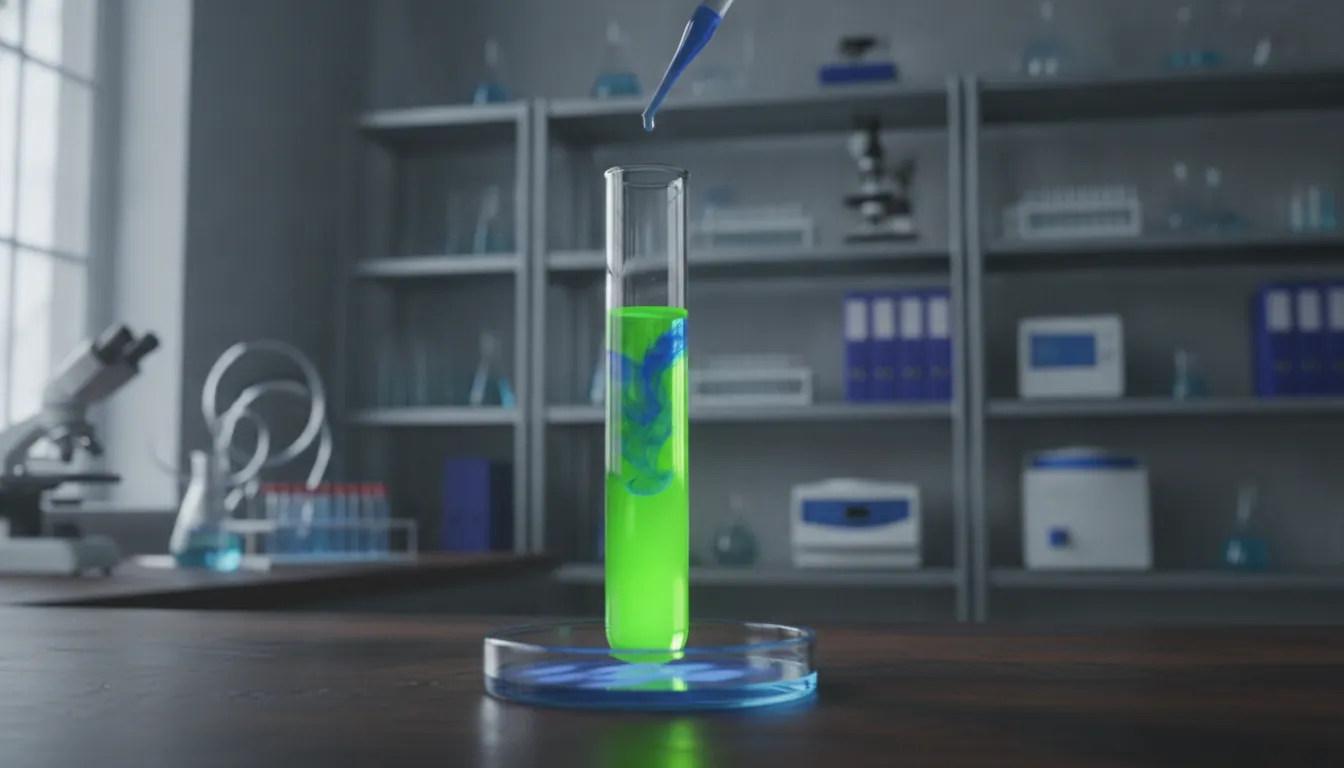 A test tube on a lab bench in a scientific laboratory setting.