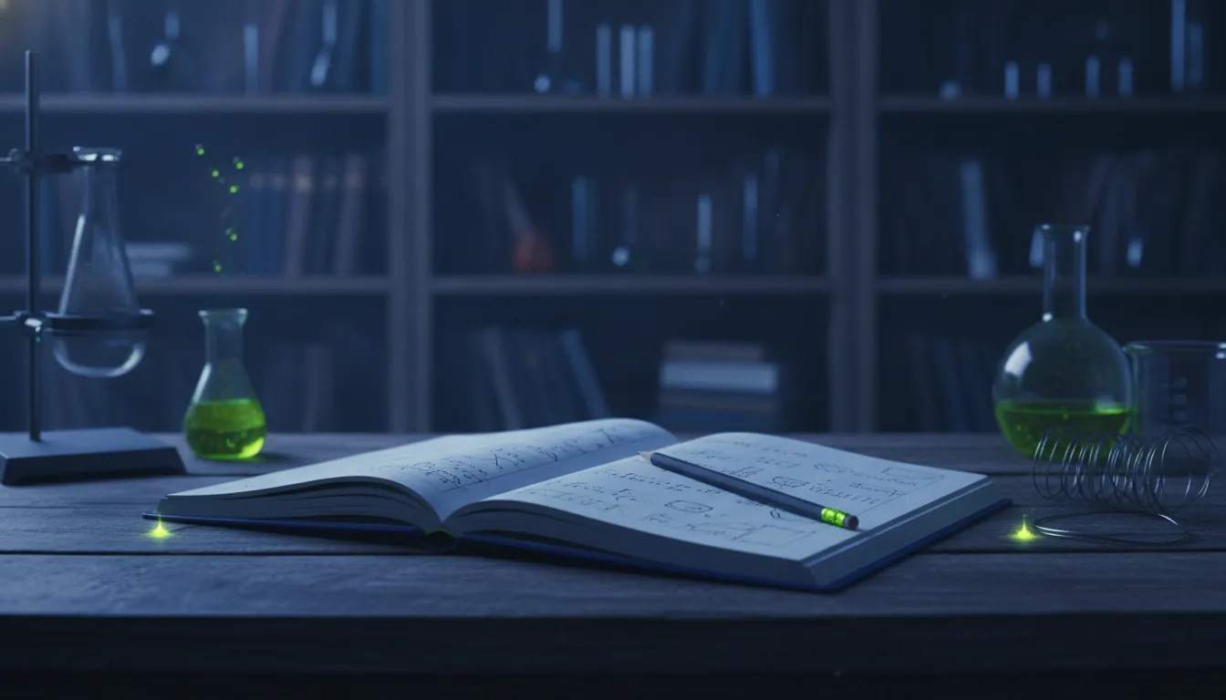 An open research notebook with a pencil in a dimly lit lab