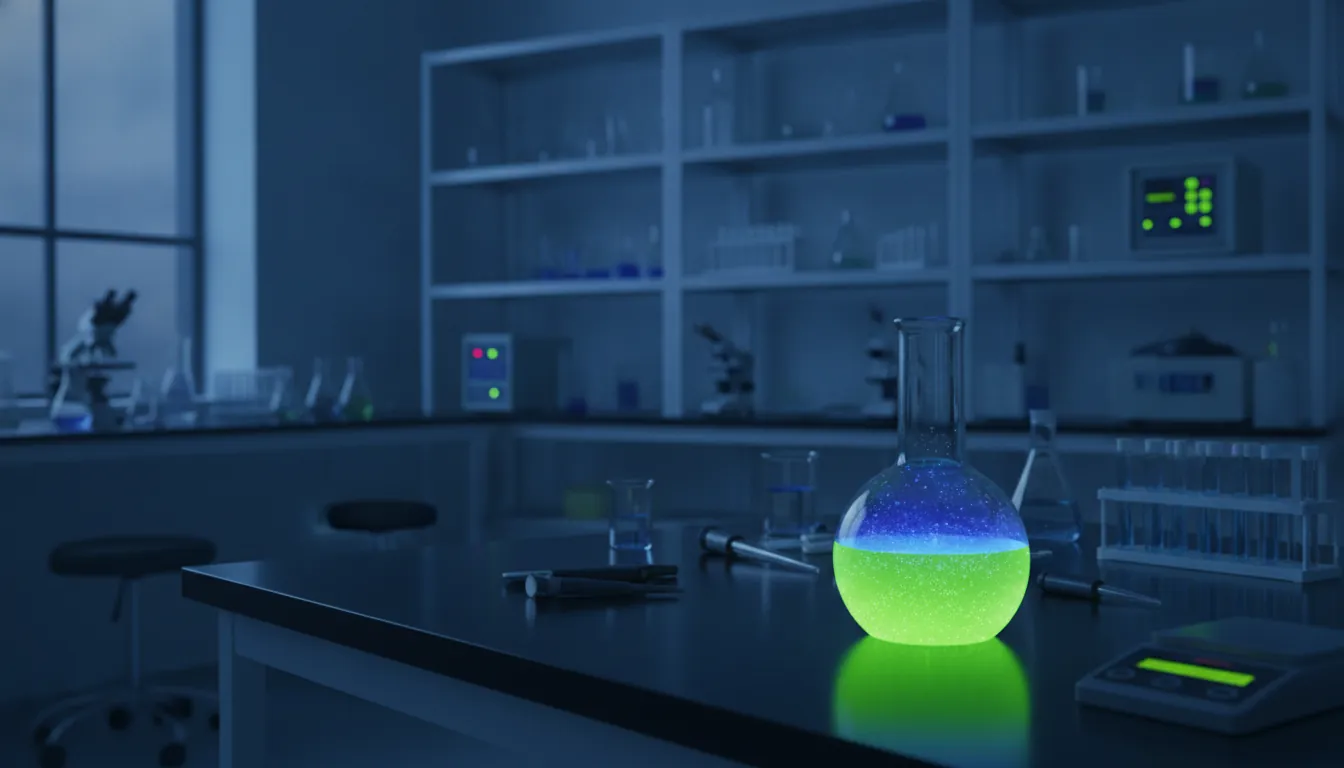 A laboratory flask with a biotech compound in a dimly lit lab setting.