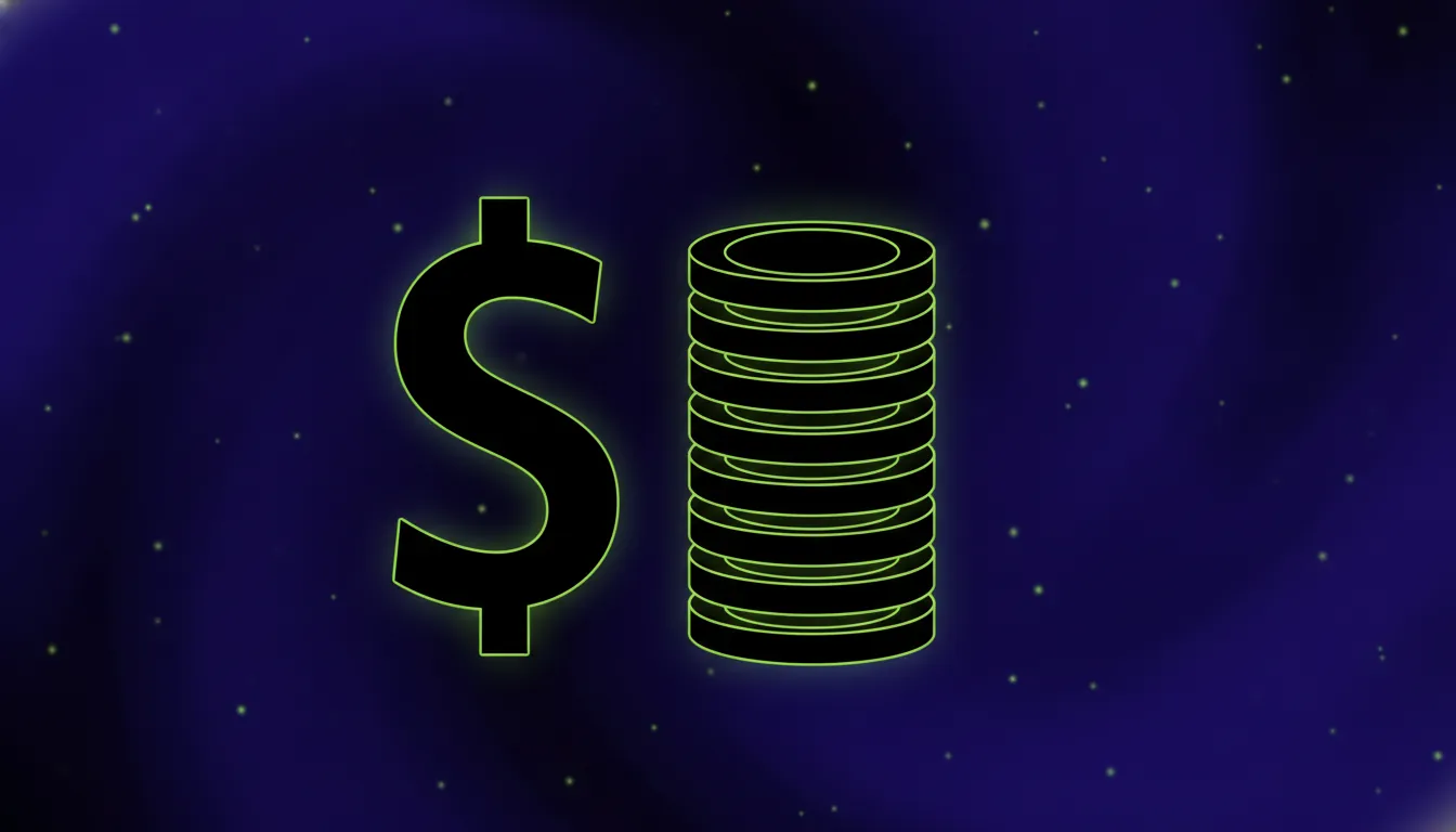 A minimalist illustration of a dollar sign and stack of coins in a dark palette.