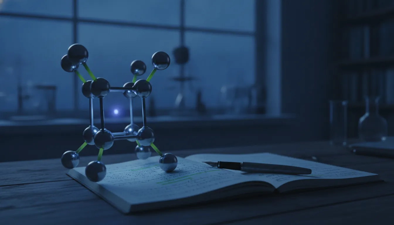 A molecular model and research notebook in a dimly lit lab