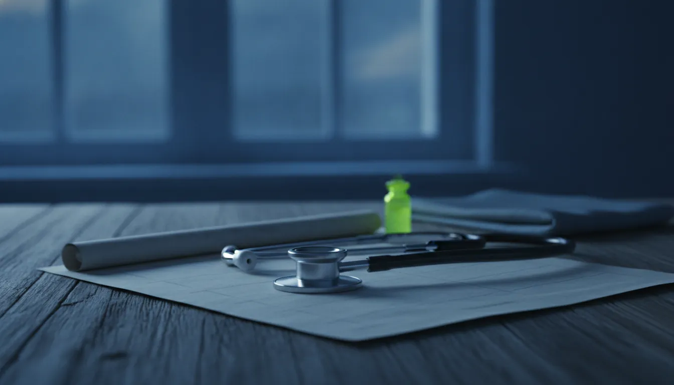 A medical chart and stethoscope in a consultation room at dusk.