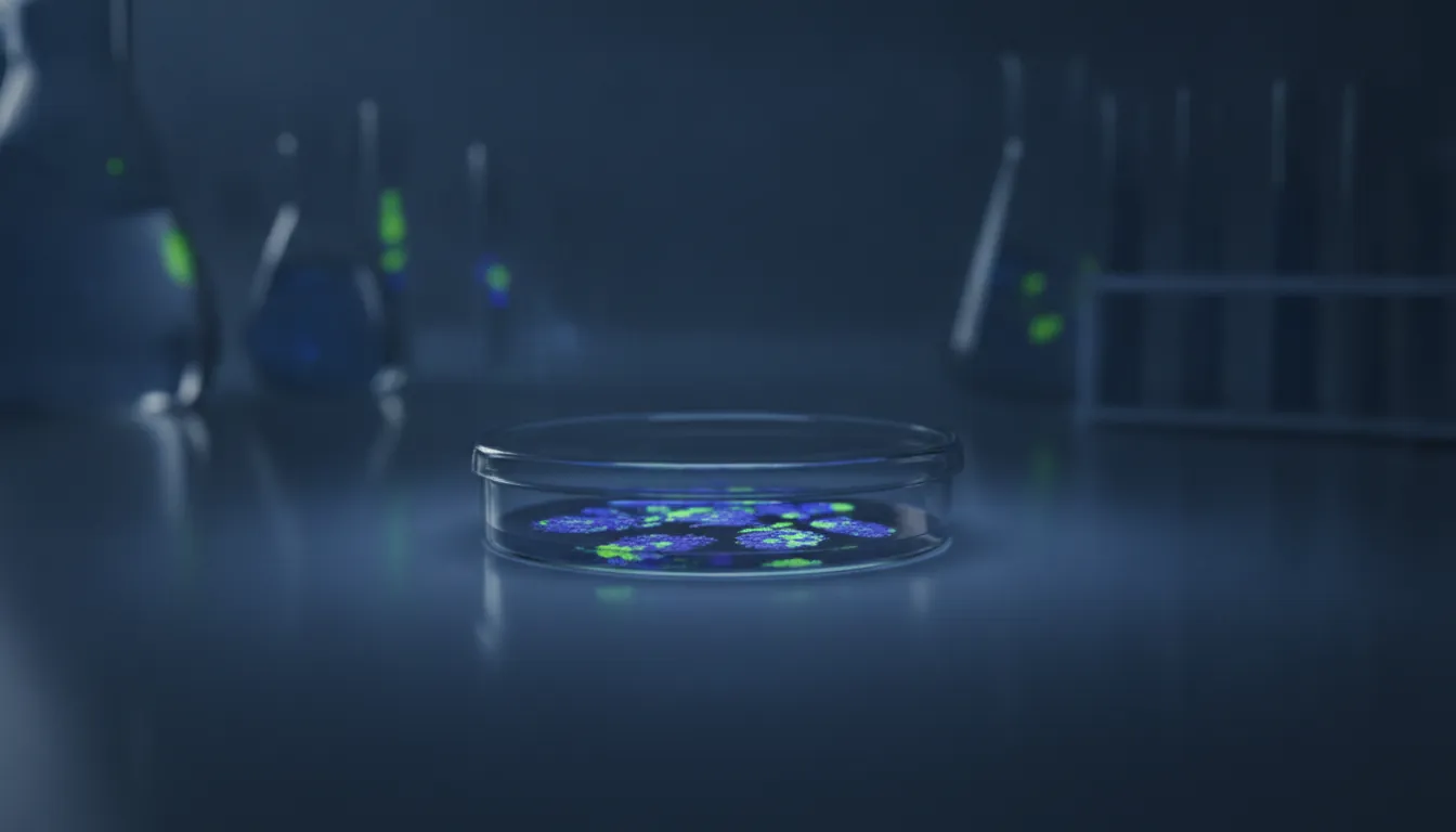 A petri dish with a vaginal microbiome sample in a dimly lit lab setting.