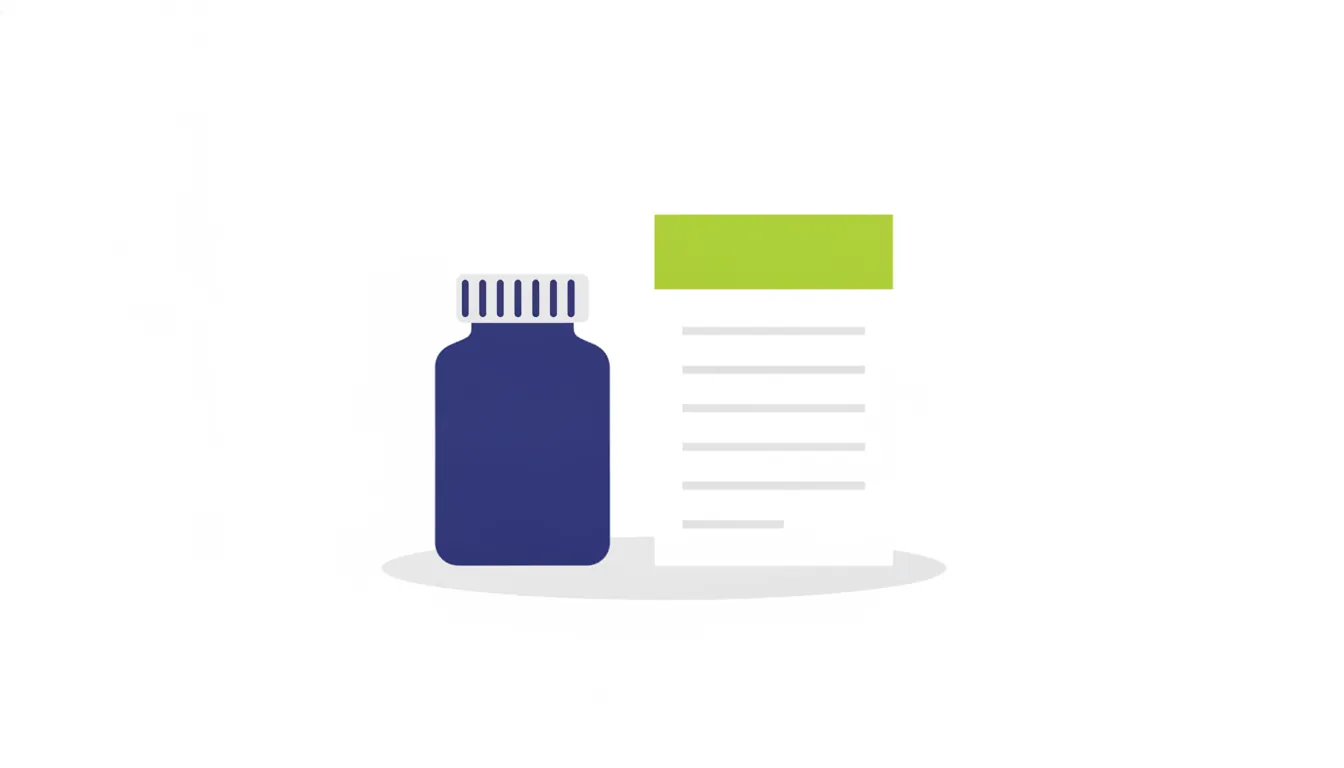 A minimalist illustration of a pill bottle and a prescription pad on a solid background.