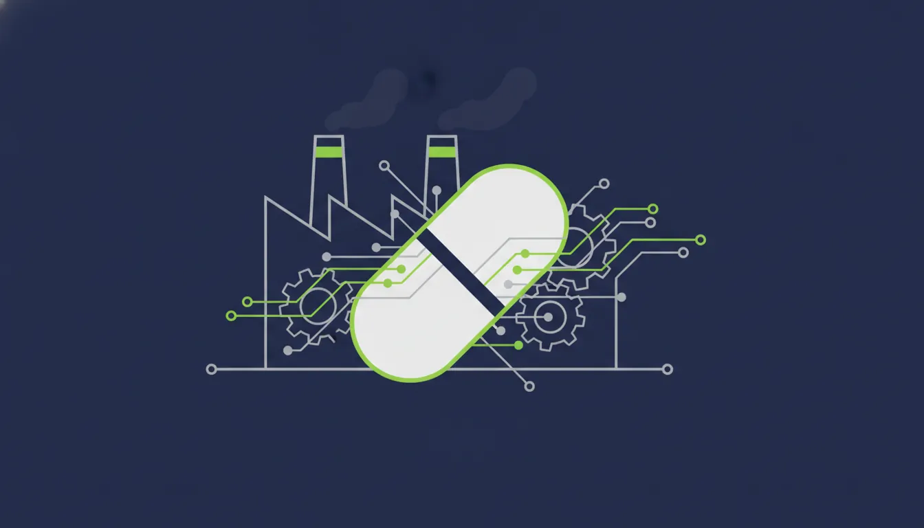 A minimalist illustration of a pill and a factory, symbolizing pharmaceutical manufacturing.