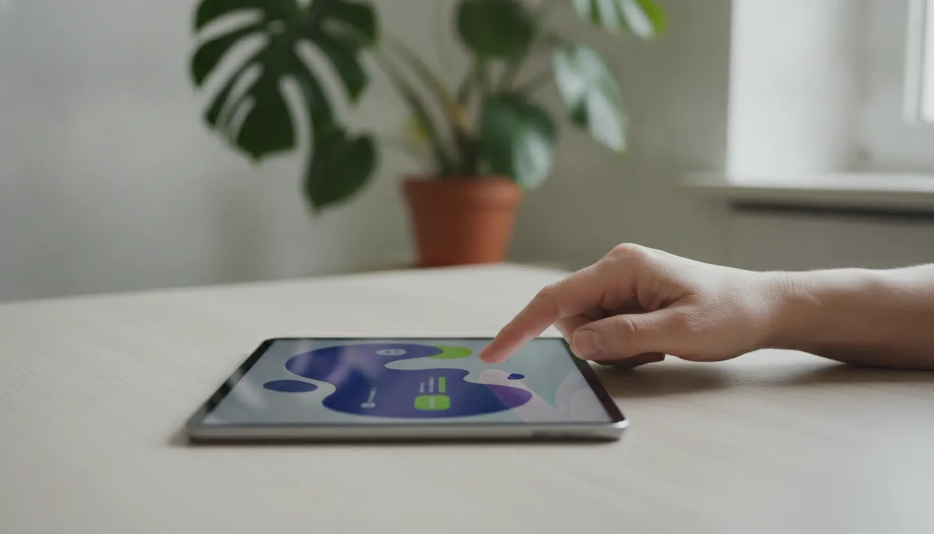 A patient's hand interacting with a digital health coach in a consultation room