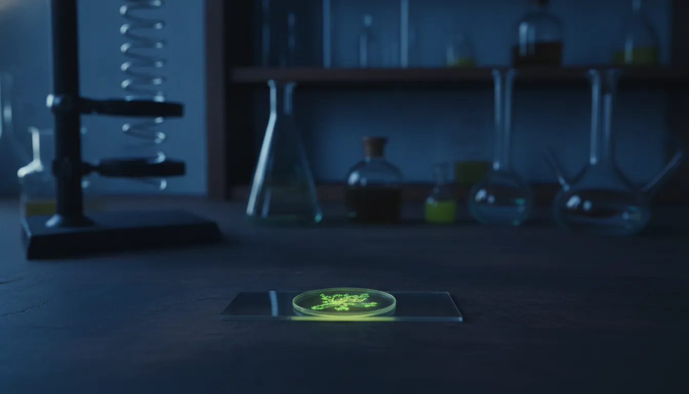 A microscope slide with a biological sample in a dimly lit lab setting.