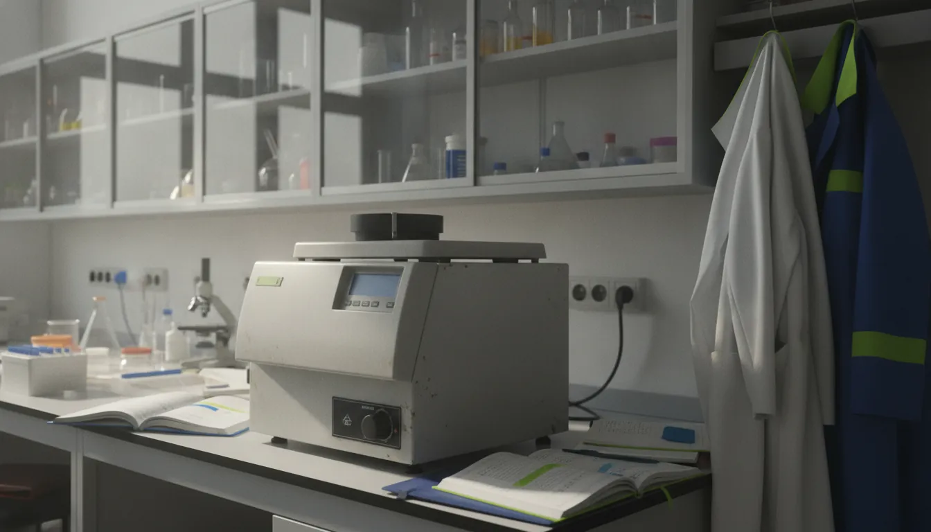 A centrifuge in a laboratory setting with scattered notebooks and glass cabinets in the background.