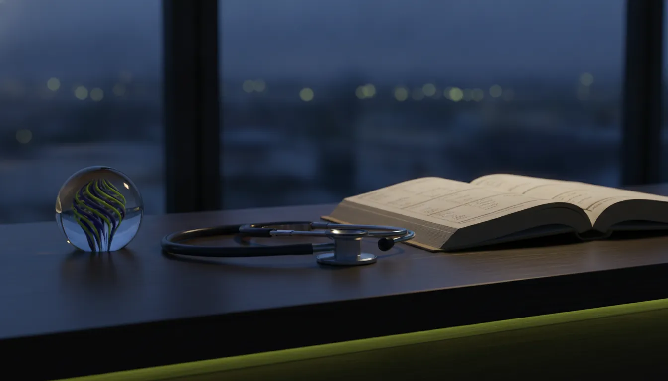A stethoscope on a wooden desk next to an open patient health record in a dimly lit clinic.