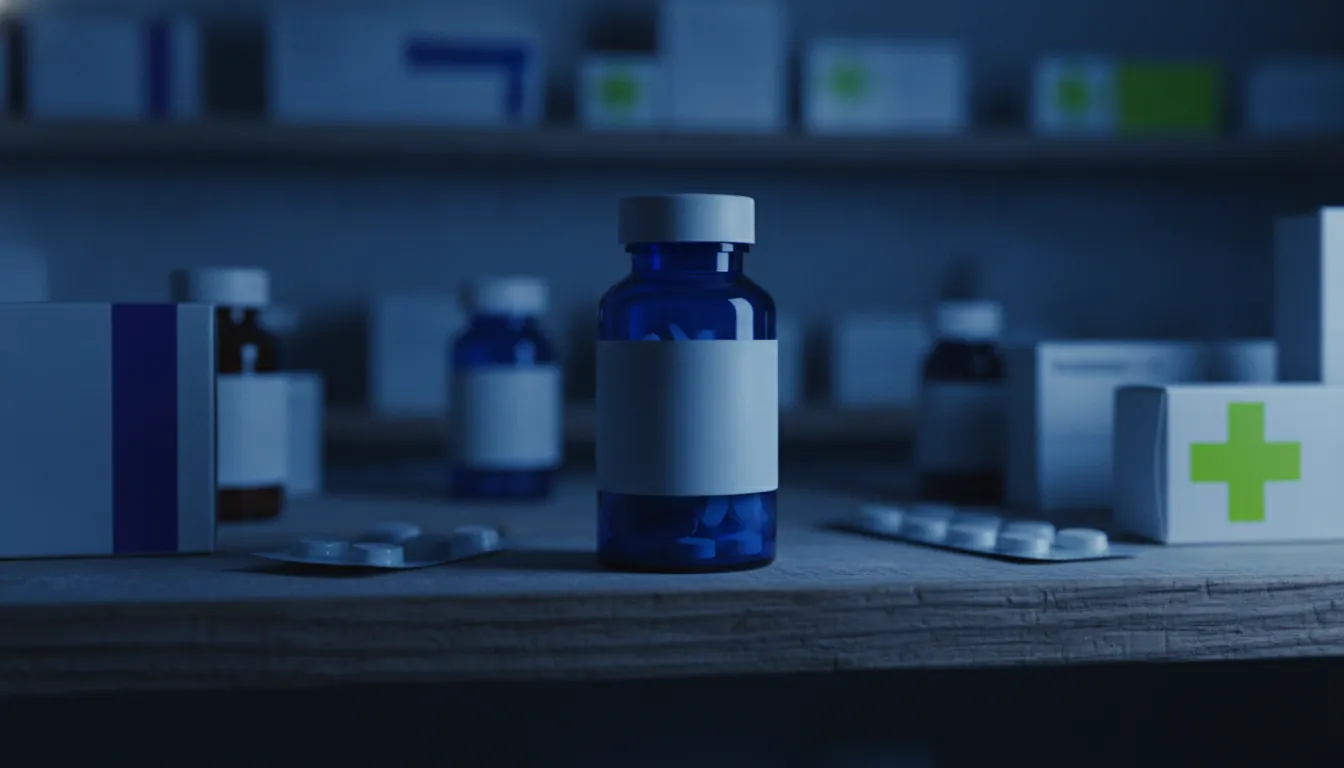 A bottle of generic medication on a pharmacy shelf in low light.