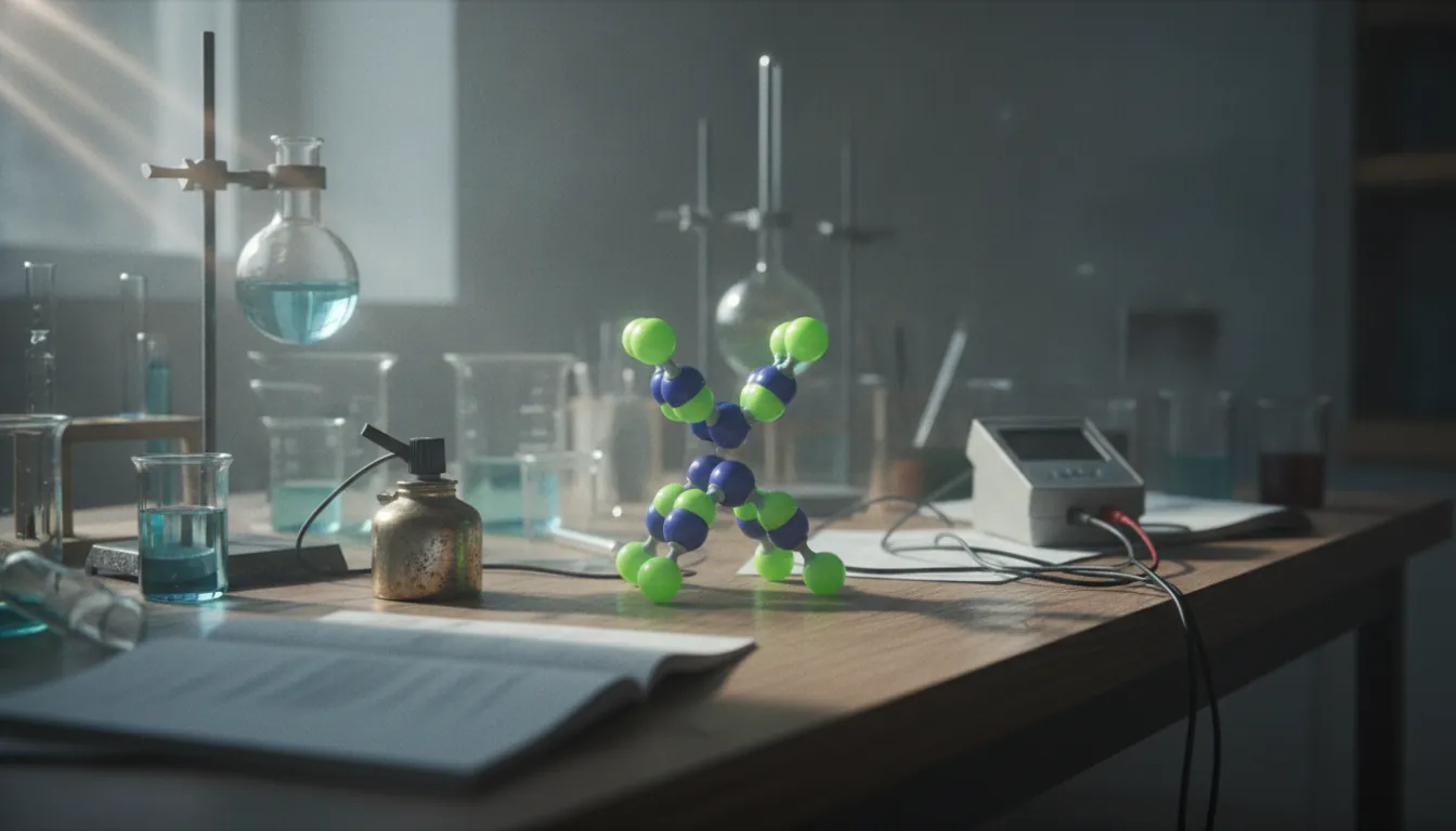 A colorful molecule model on a lab bench surrounded by equipment.
