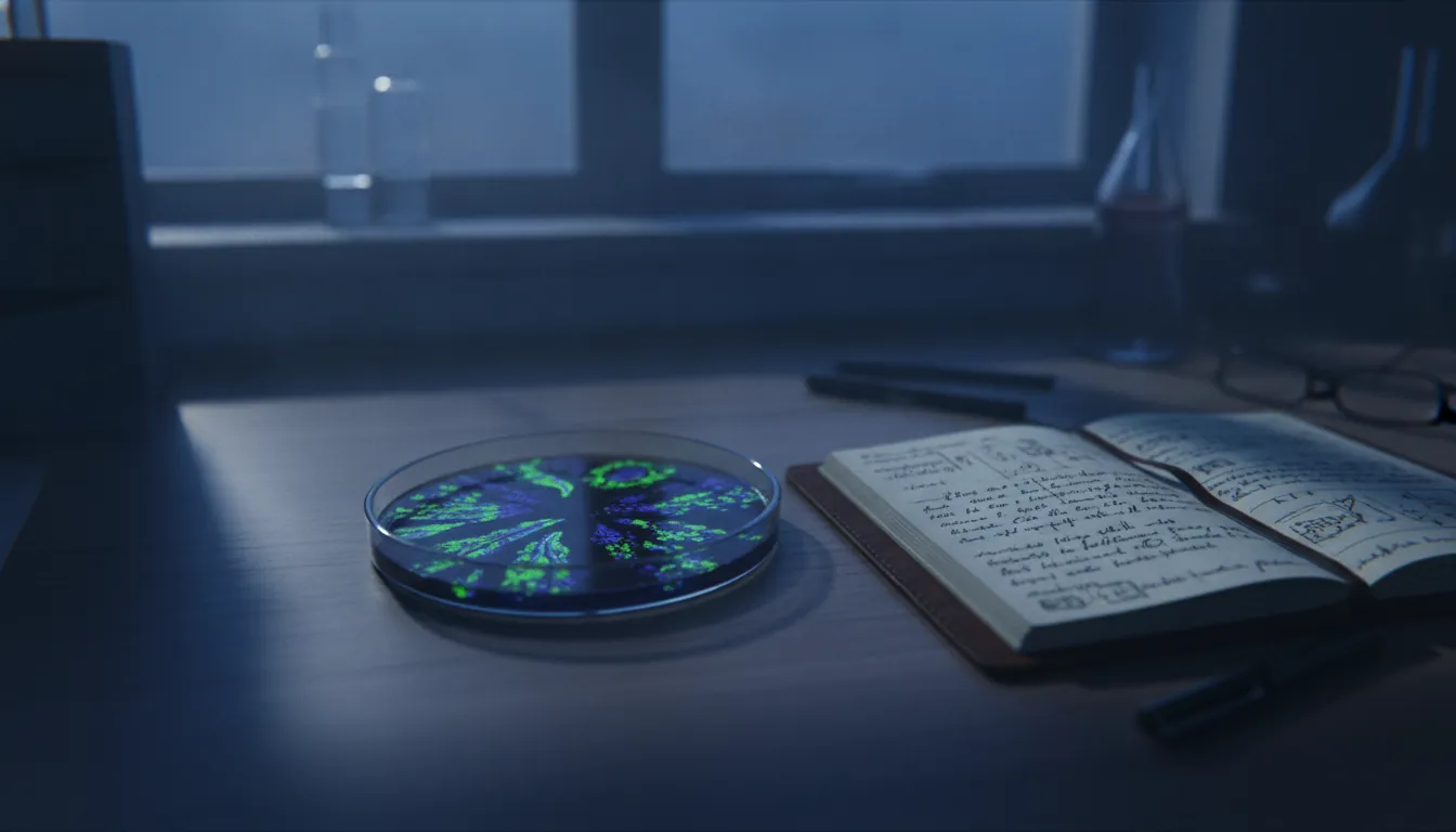 Petri dish with cell cultures and research notes in a lab