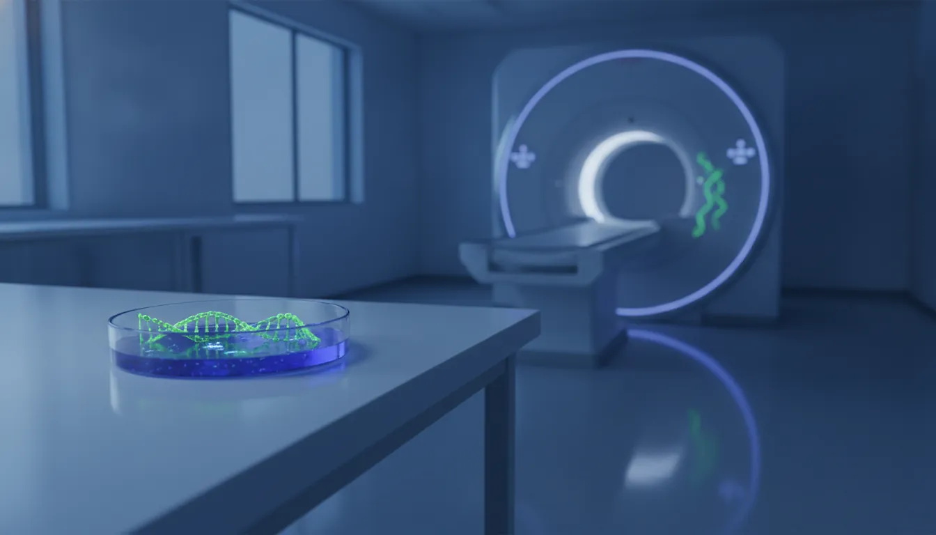 A genome sequencing sample in a clinical setting with an MRI machine in the background.