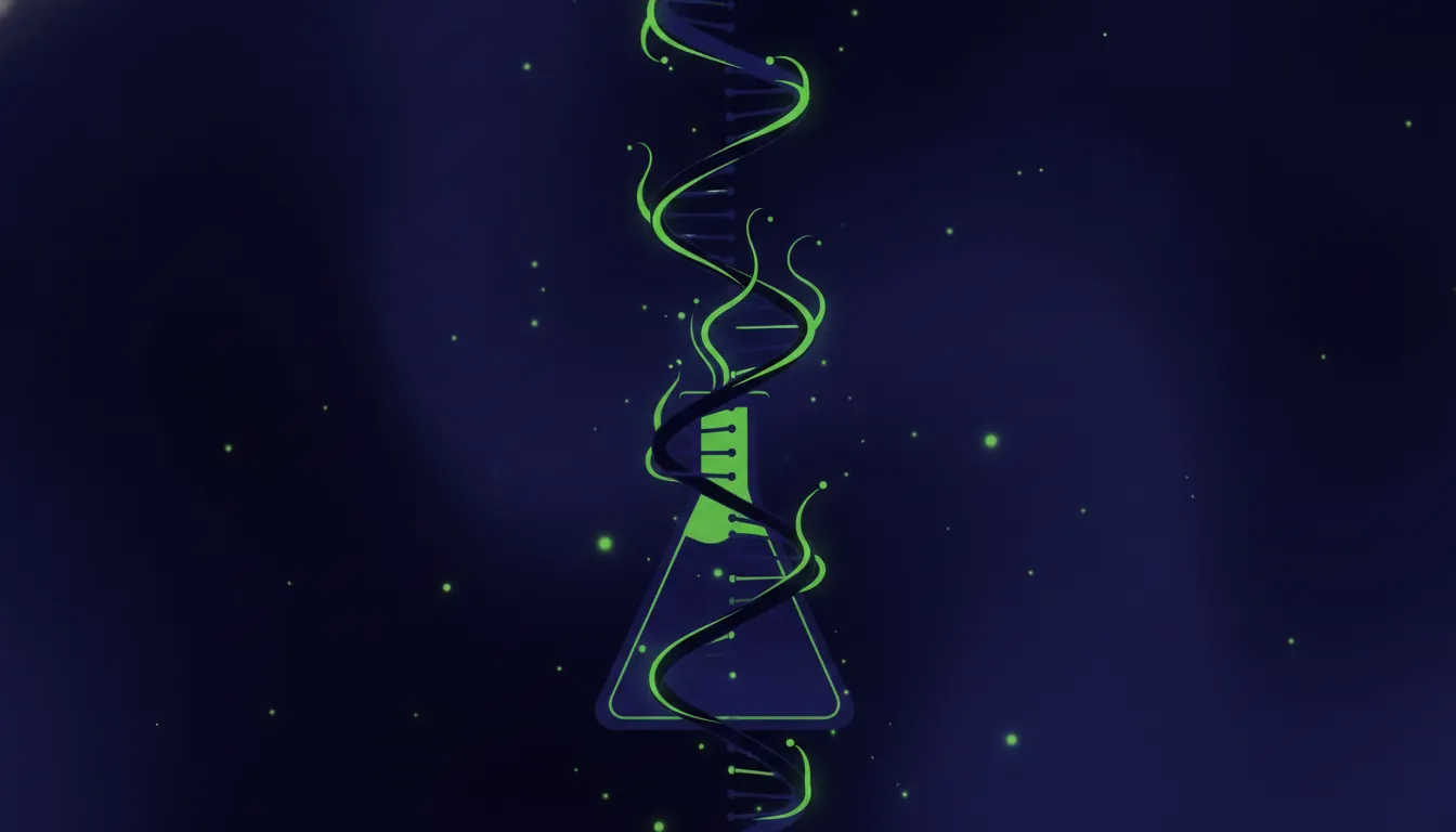A minimalist representation of DNA and a laboratory flask on a dark background.