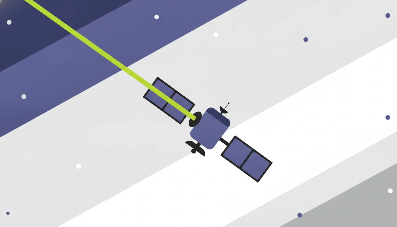 A minimalist illustration of a satellite with a laser beam in space.