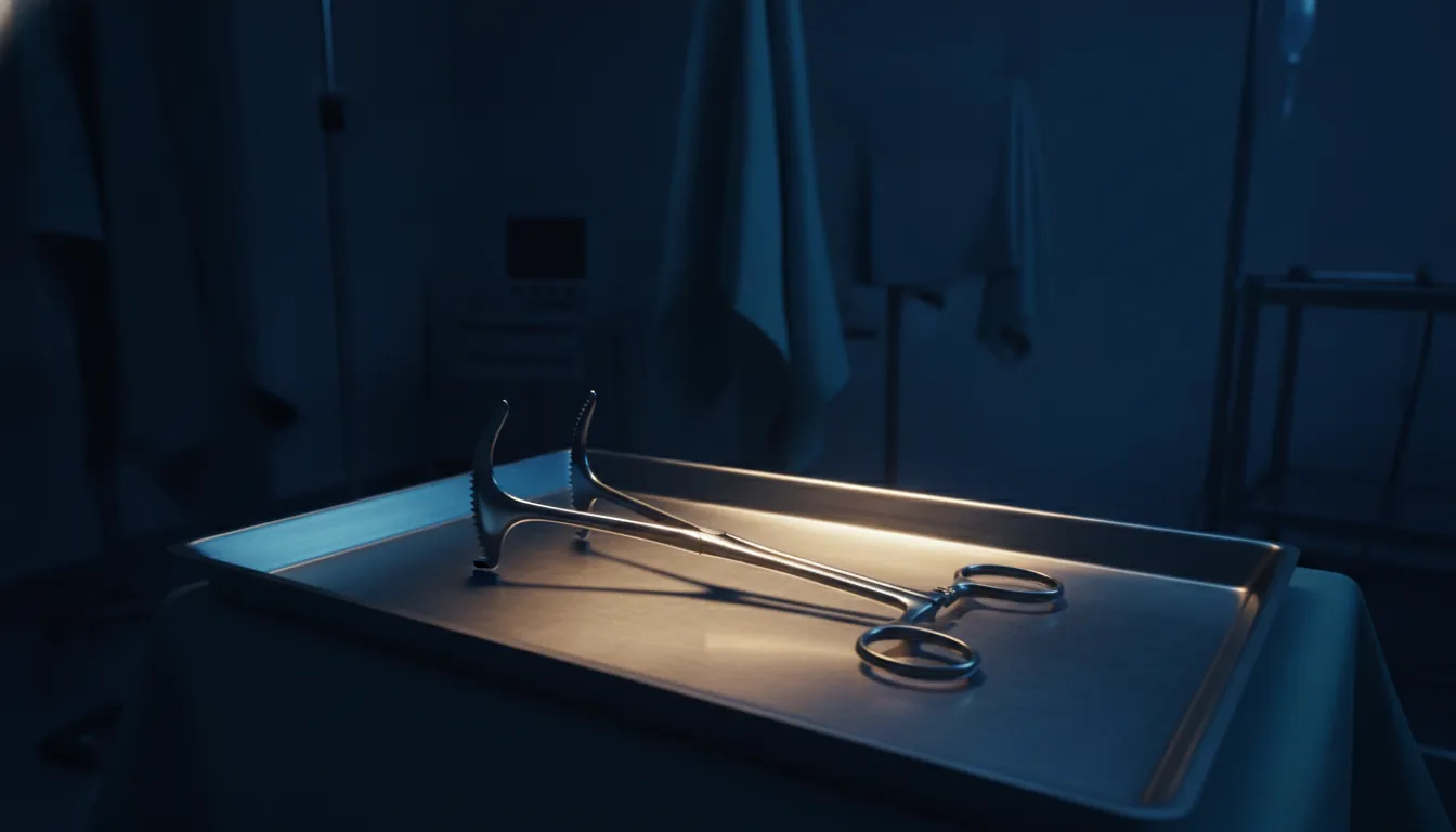 A surgical instrument on a tray in a dimly lit surgical room