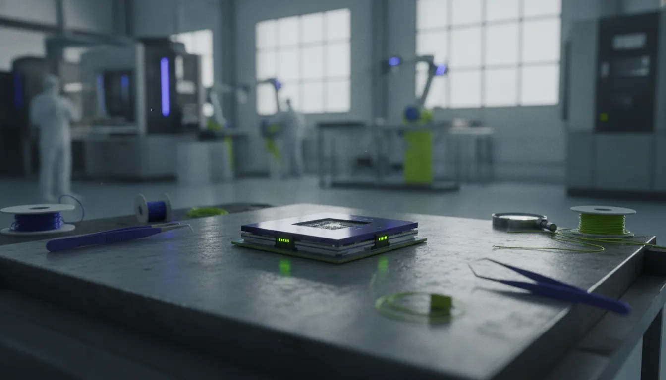 AI chip on a workbench in a semiconductor facility
