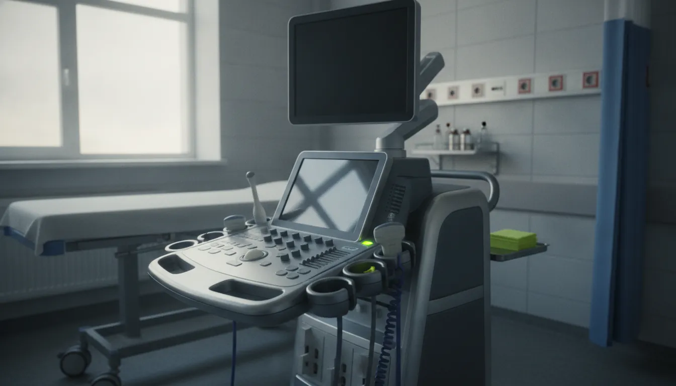 An ultrasound machine in a hospital examination room, showcasing medical diagnostics equipment.