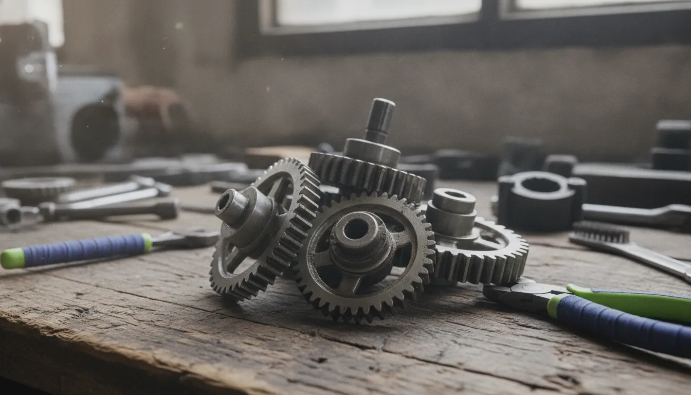 Close-up of metal gears on a workbench in a workshop
