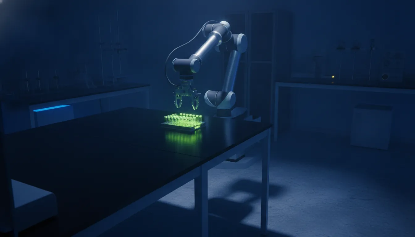 A robotic arm in a dimly lit lab placing a sample tray on a bench.