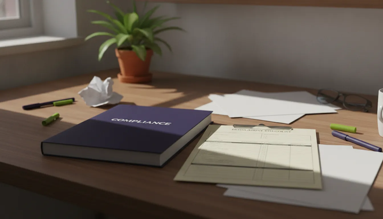 A compliance document and regulatory checklist on a desk