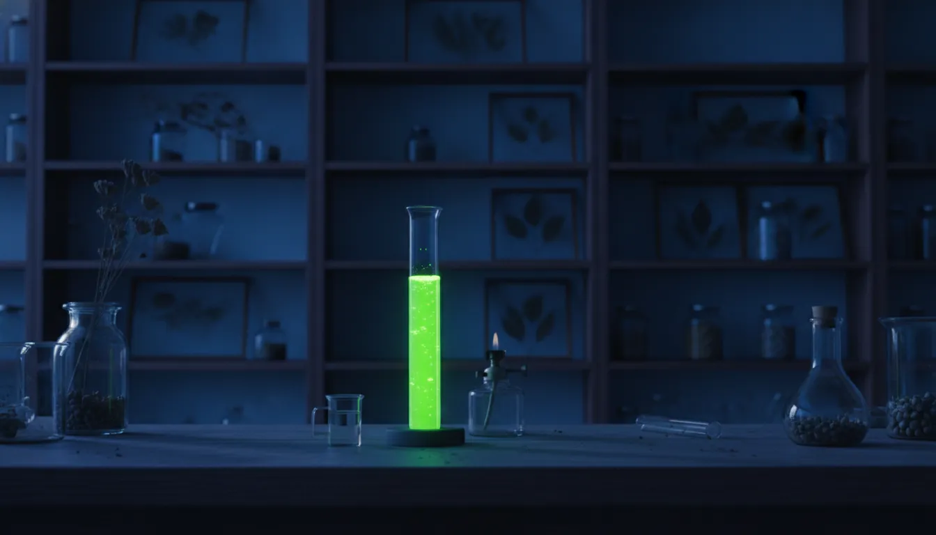 A test tube with green liquid in a dimly lit lab