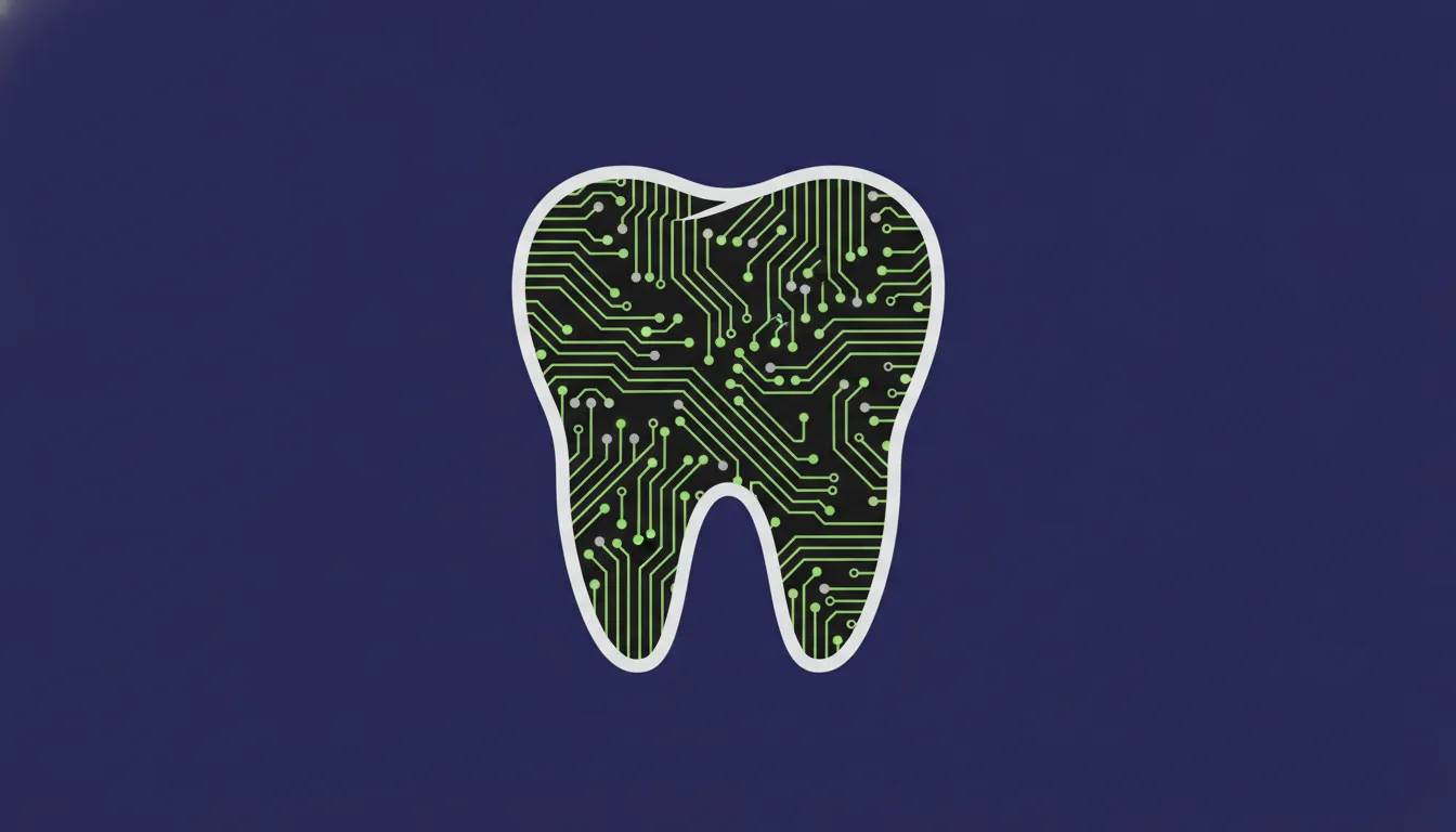 A flat illustration of a tooth with a circuit pattern, representing AI in dental diagnostics.