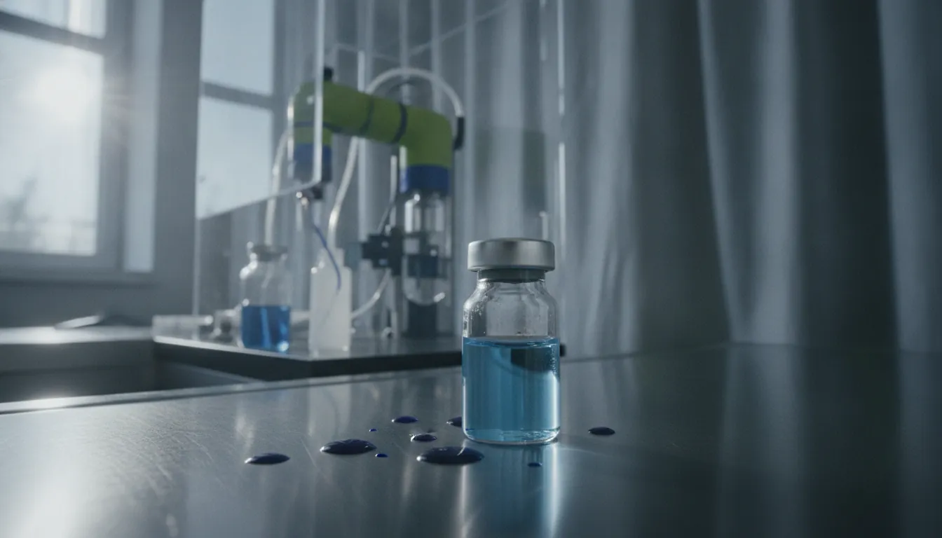A pharmaceutical vial on a stainless steel surface in a manufacturing facility.