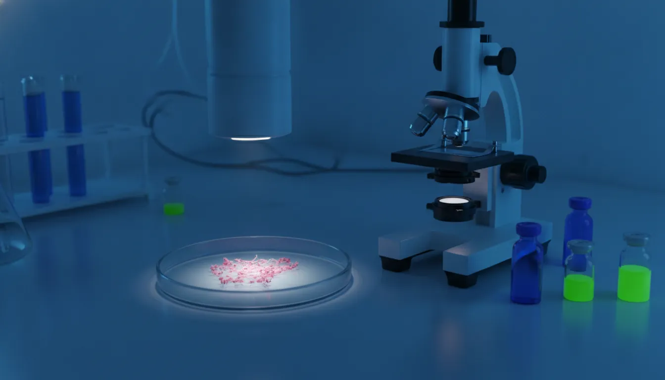 A biopsy sample on a lab bench next to a microscope in a dimly lit laboratory.
