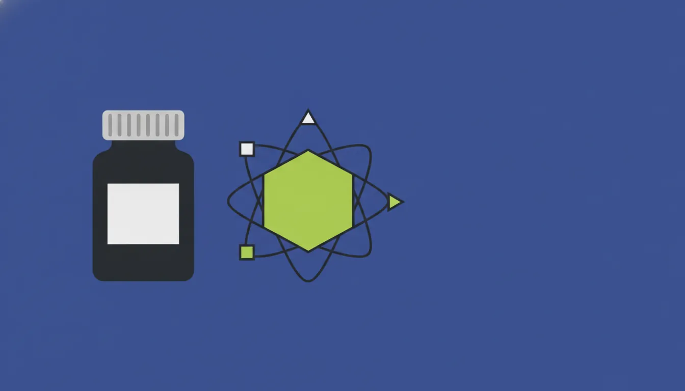 A minimalist illustration of a pill bottle and an AI agent silhouette on a solid background.