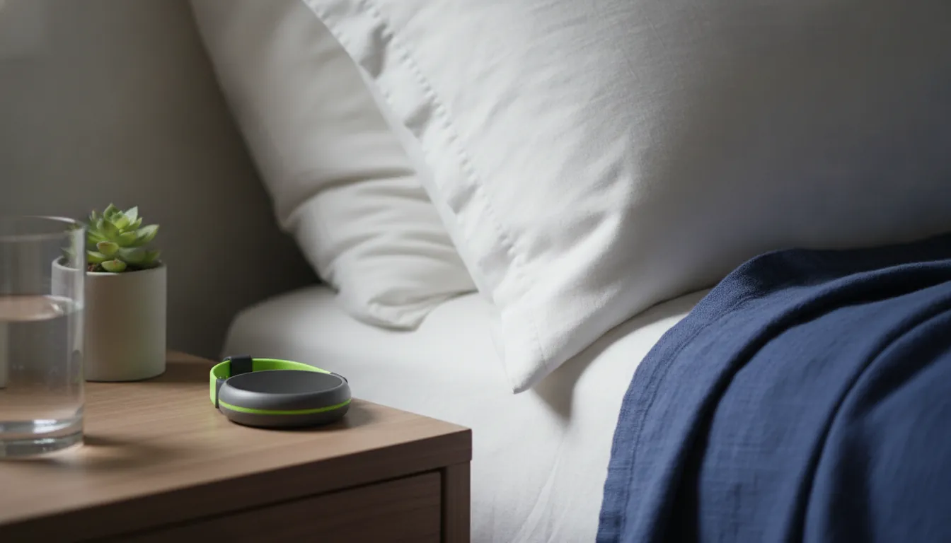 An actigraphy sensor on a bedside table in a softly lit bedroom