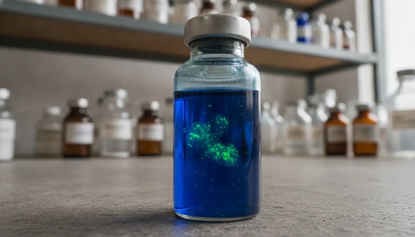 A vial of drug compound on a lab bench with chemical reagents in the background.