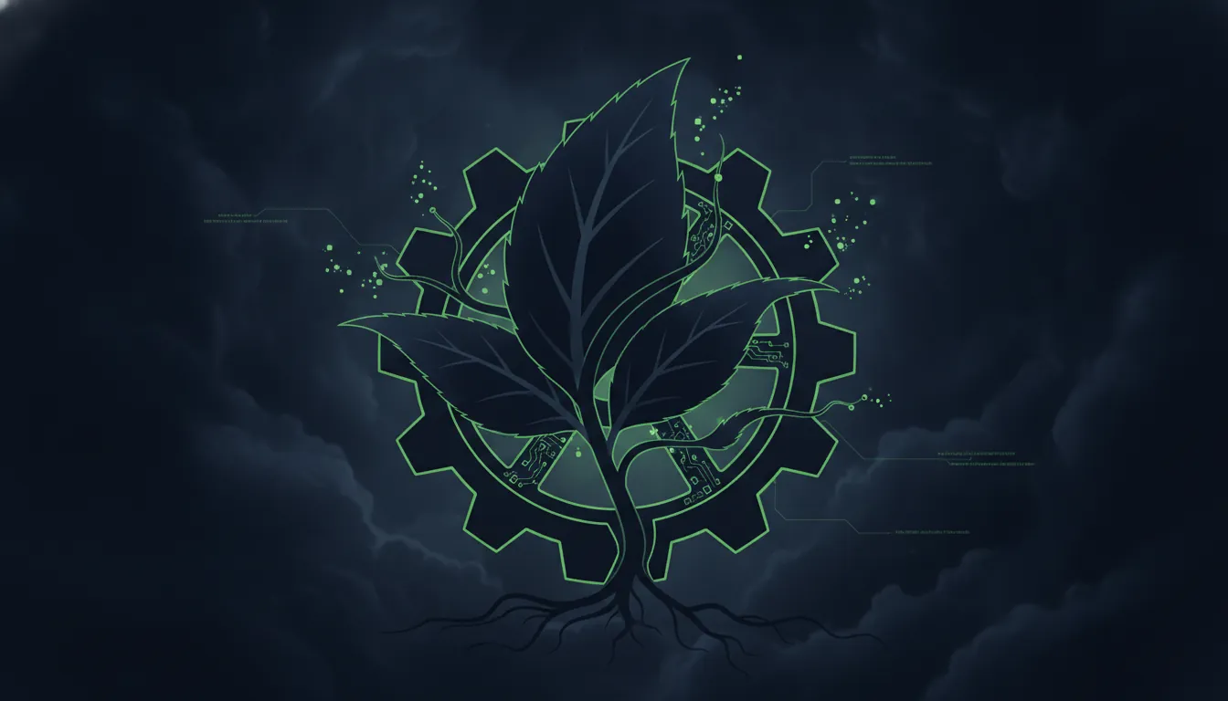 A leaf and gear silhouette representing green skills and technology.