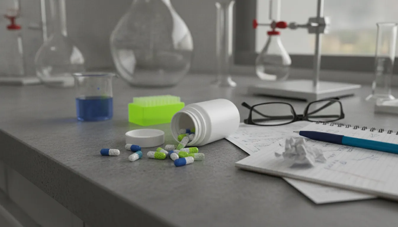 Open pill bottle with capsules on a lab countertop