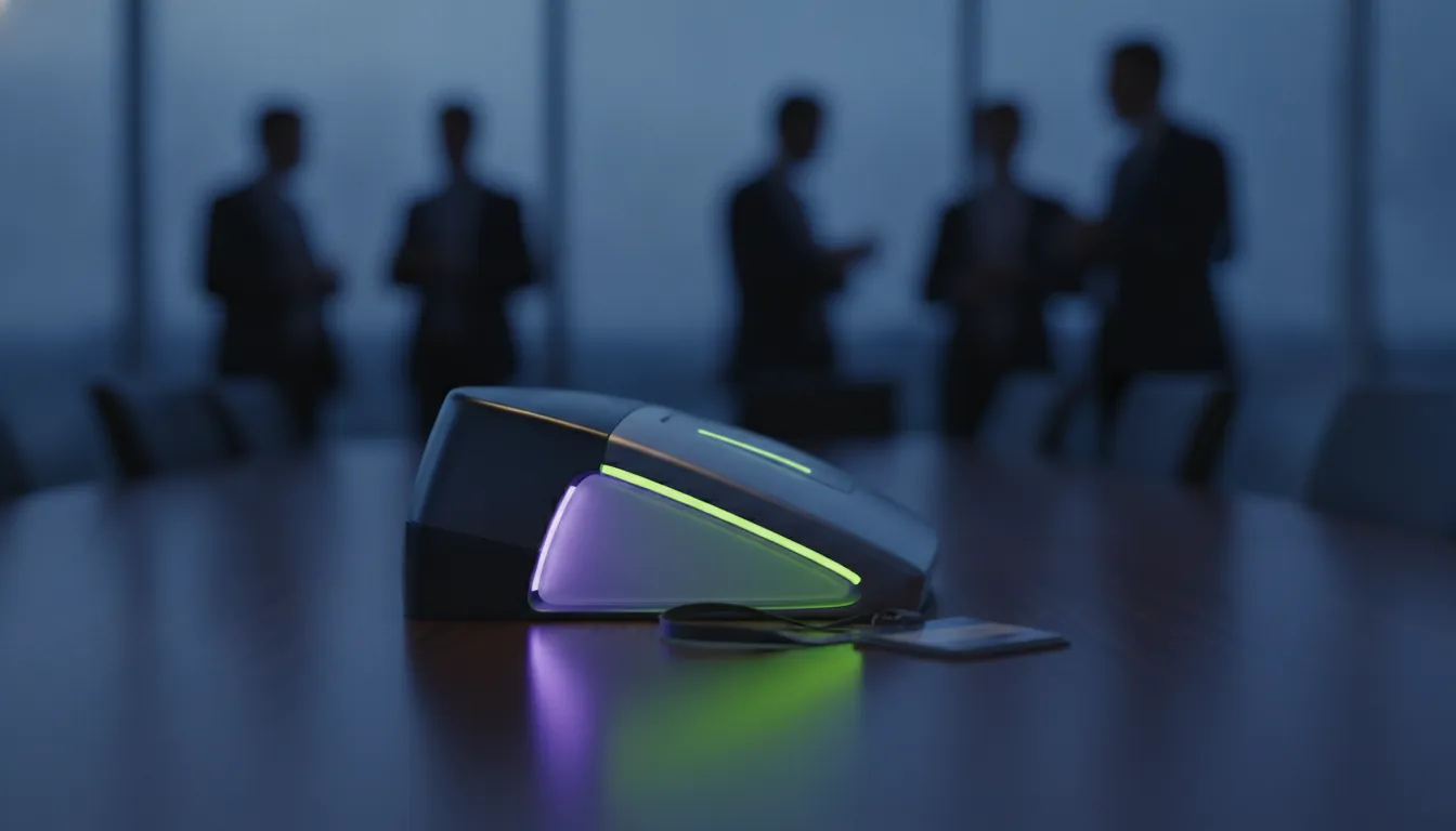 A medical device prototype and conference badge in a dimly lit setting.