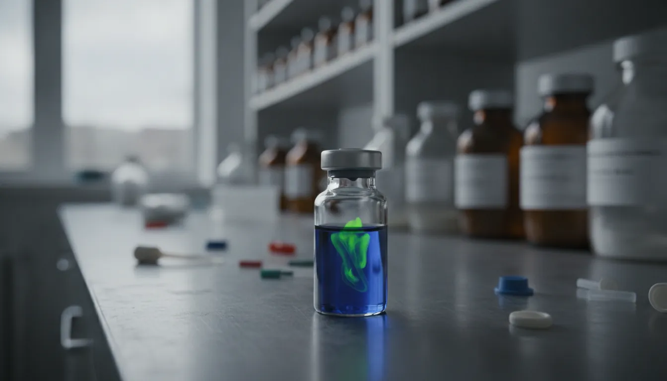 A glass vial with a colorful drug compound in a lab setting