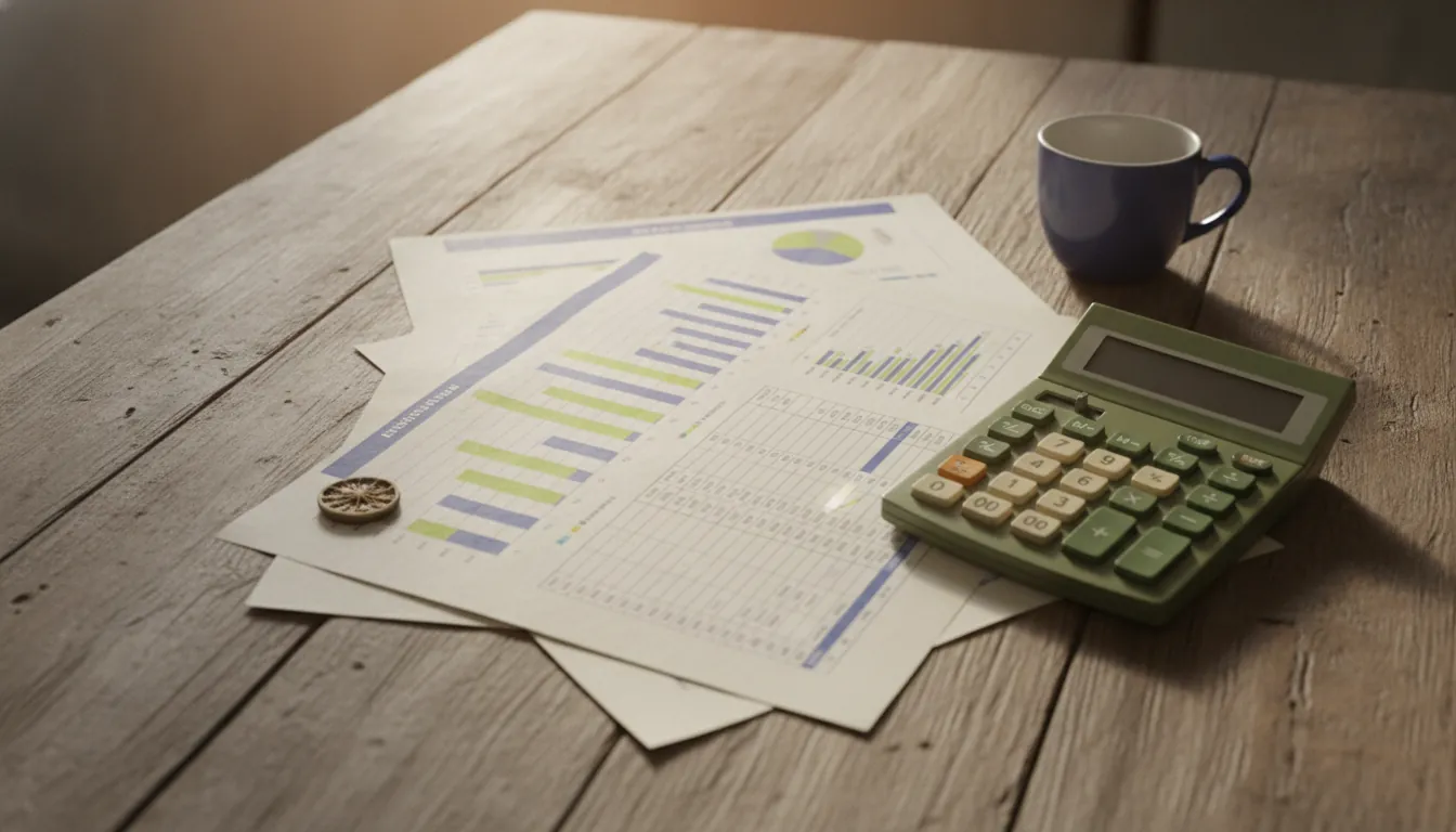 A financial report and calculator on a wooden table