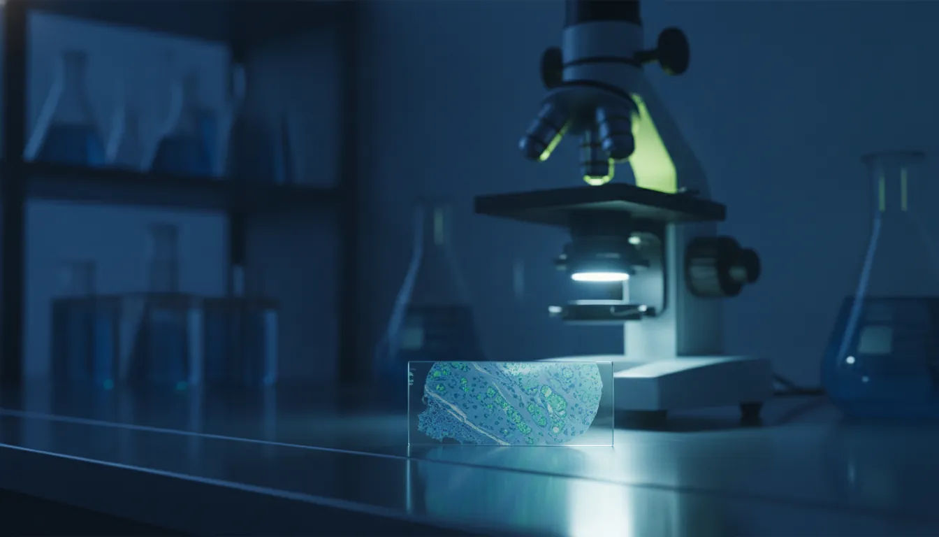 A brain tissue sample on a lab bench with a microscope in the background.