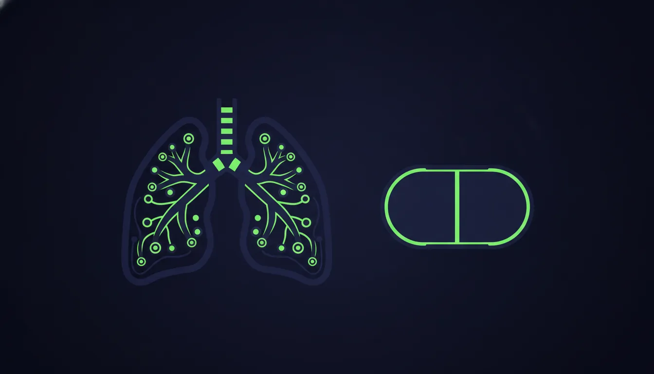 A minimalist illustration of a lung and a pill in a dark color scheme.