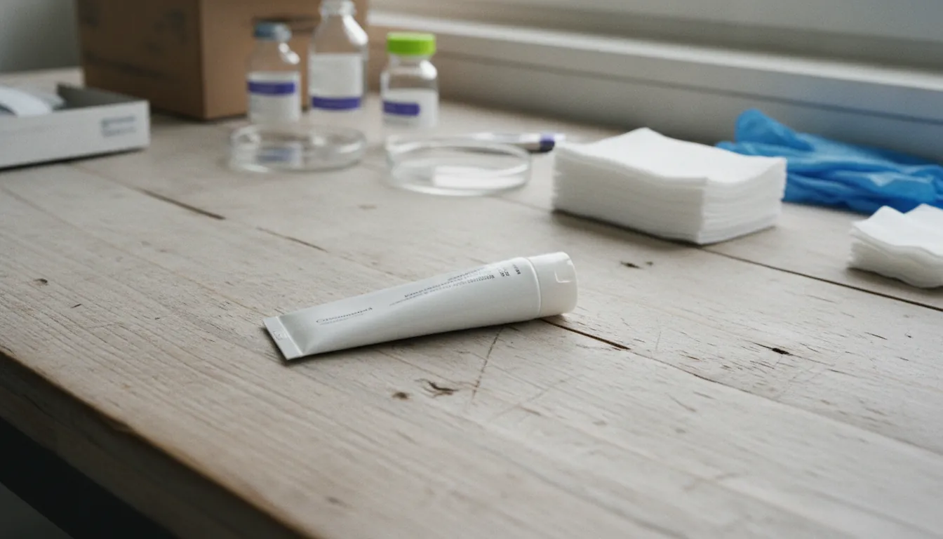 A tube of Clascoterone 5% topical solution in a clinical trial room